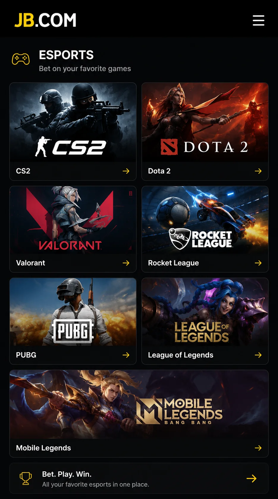 JB.COM esports mobile interface featuring CS2, Dota 2, Valorant, Rocket League, PUBG, League of Legends, and Mobile Legends
